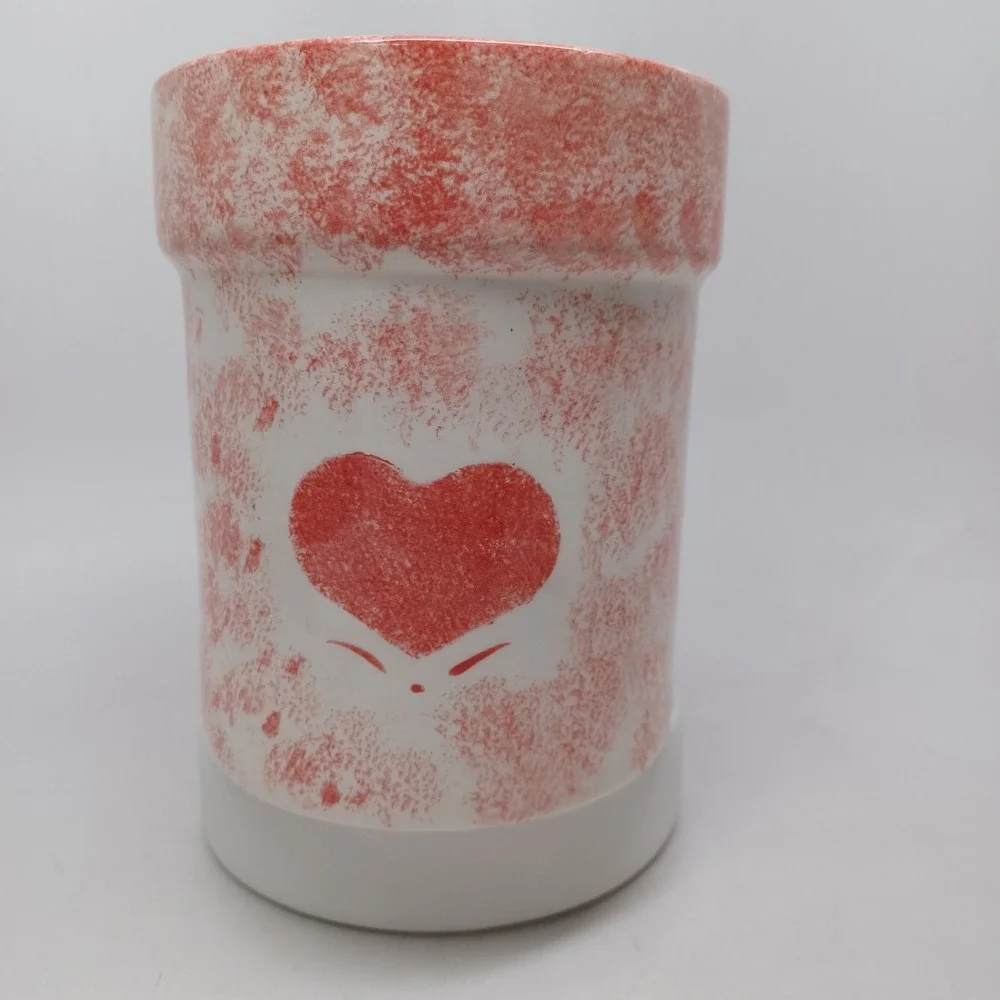 Pink Spongeware Heart Ceramic Planter Utensil Holder White Handmade 5.25in